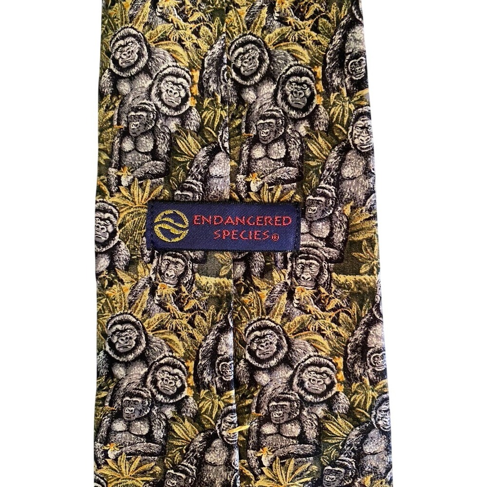 Endangered Species Mens Silk Tie Gorilla Jungle Animal Print Grey Green USA Made